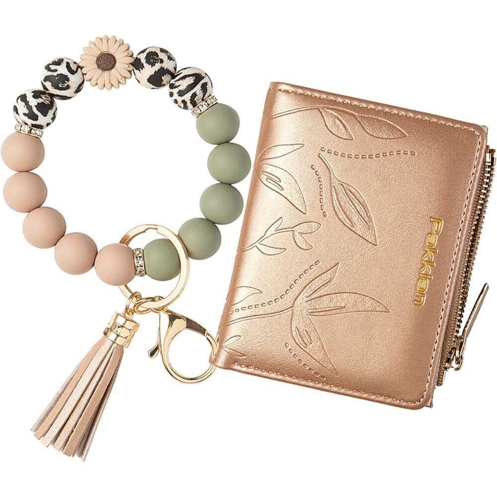 Keychain Bracelet with Wallet Silicone Beads Wooden Bead Women Purse